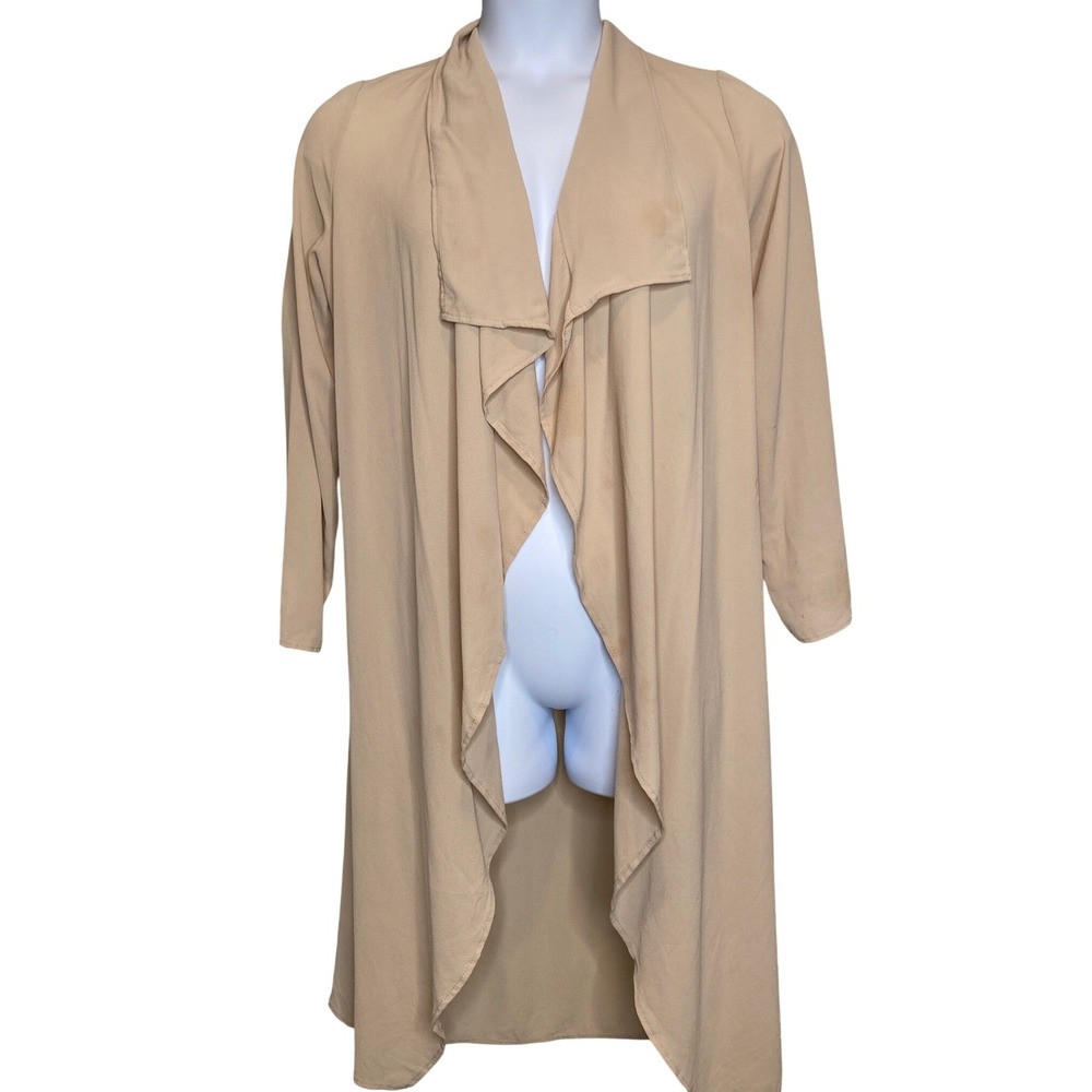 Poetry Womens Beige Open Front Duster Cardigan Sz L Minimalist Waterfall Lapel